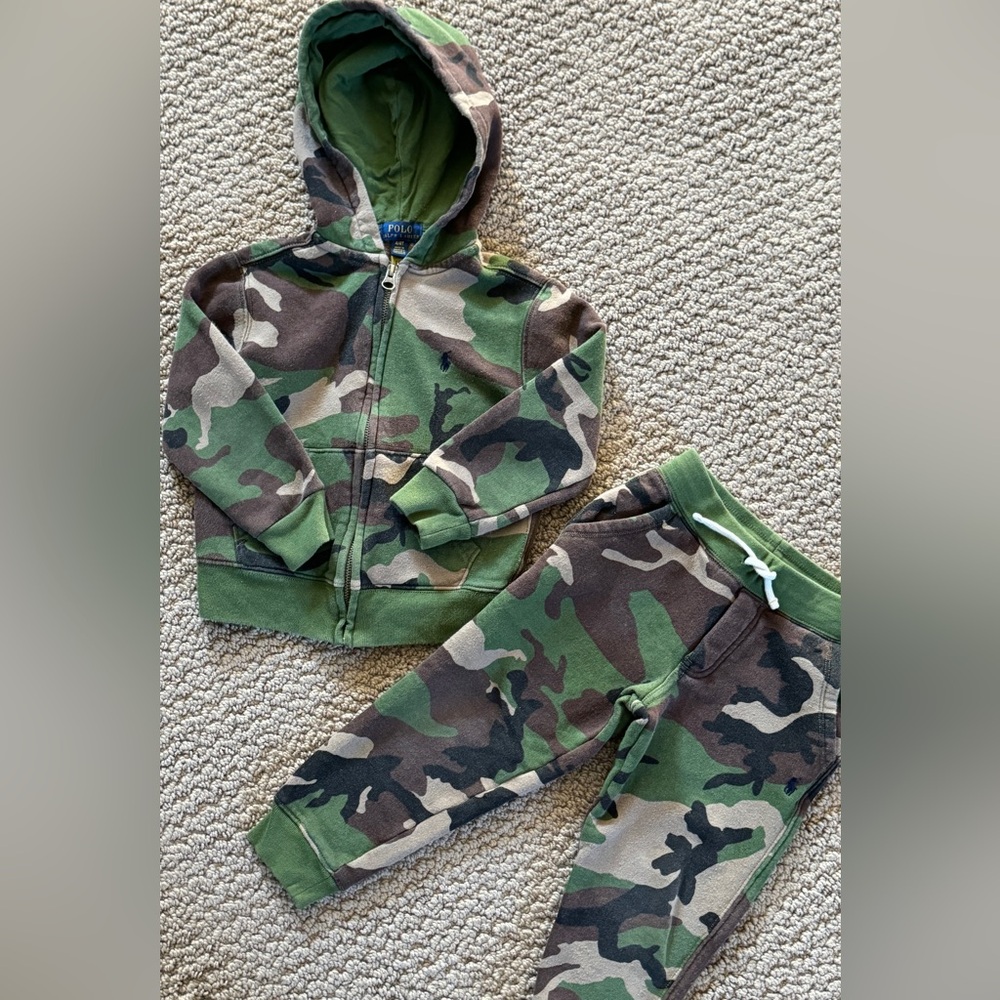 🤎🪖🖤 Ralph Lauren POLO Camouflage Print Toddler Sweatshirt & Sweatpants Set🪖🤎